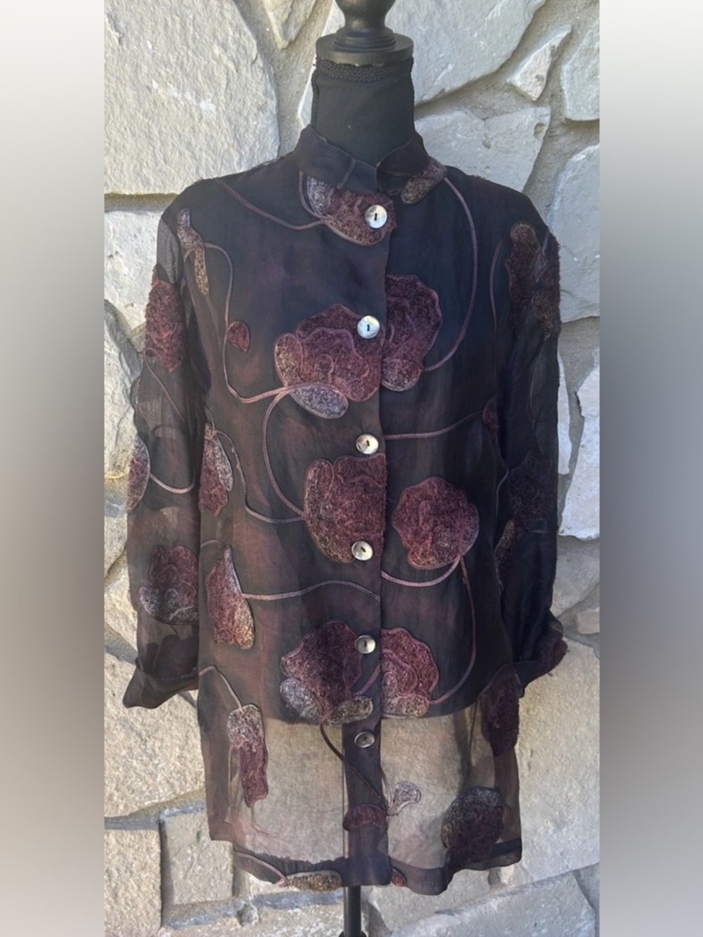 MIRASOL Top Over Blouse Large Black Embroidered Floral Silk Blend Sheer Long Sl